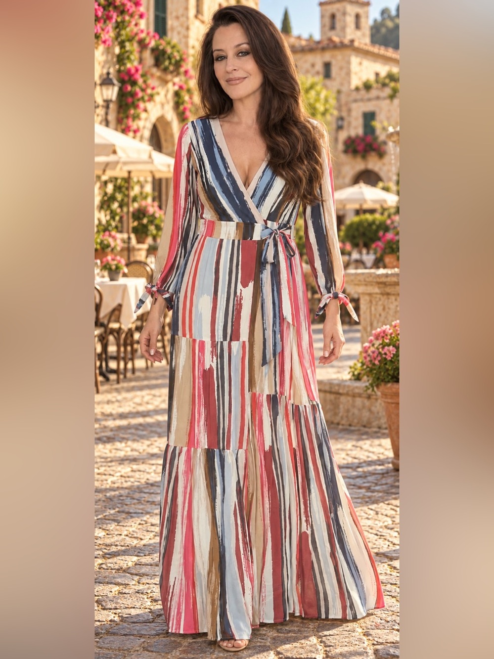 NWT Skies Are Blue Painterly Stripe Boho Tiered Wrap Maxi with lining Dress L